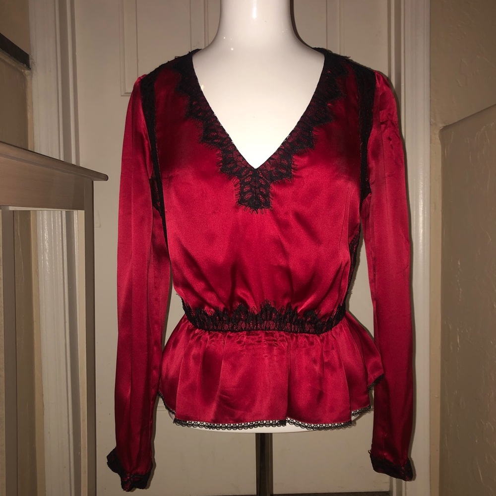 BEBE red satin peplum with black lace details